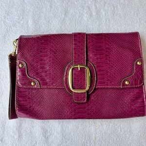 Burgundy Snakeskin Vegan Leather Clutch with Wrist Strap. Brass Hardware